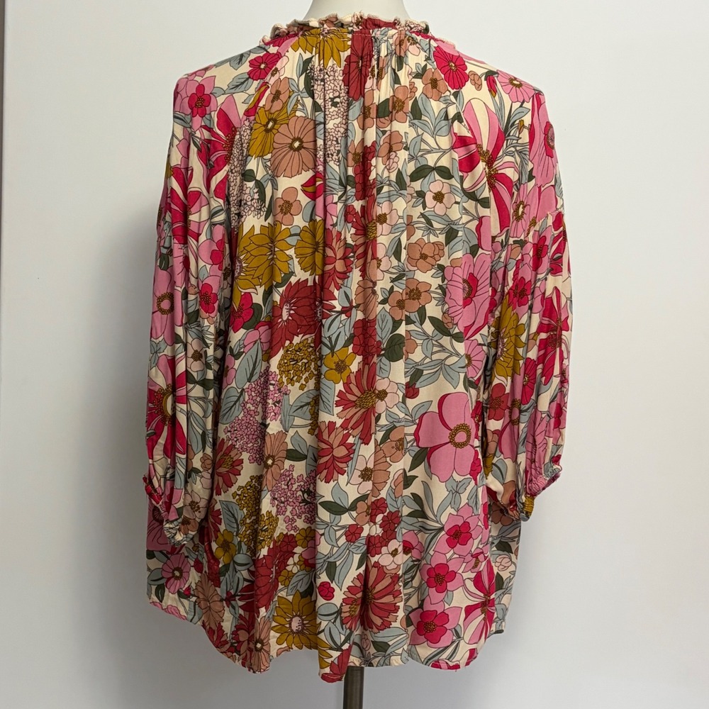 Entro Floral Blouse Small Pink Mustard Retro Boho Ruffle V-Neck Cottagecore - Picture 5 of 8